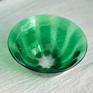 Vintage Bohemian Czech Green Cut to Clear Crystal Bowl